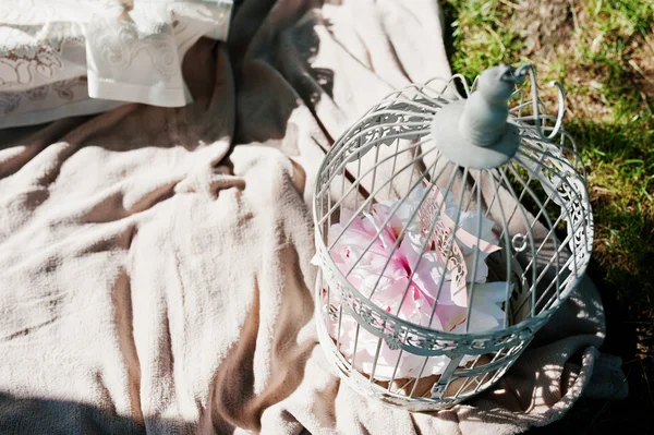 Пикник украшенный птичьей клеткой на траве возле стола — стоковое фото