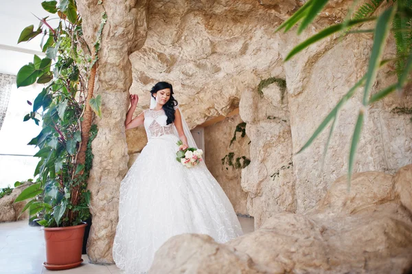 Temptation model brunette bride at exciting wedding dress posed — Stock Photo, Image