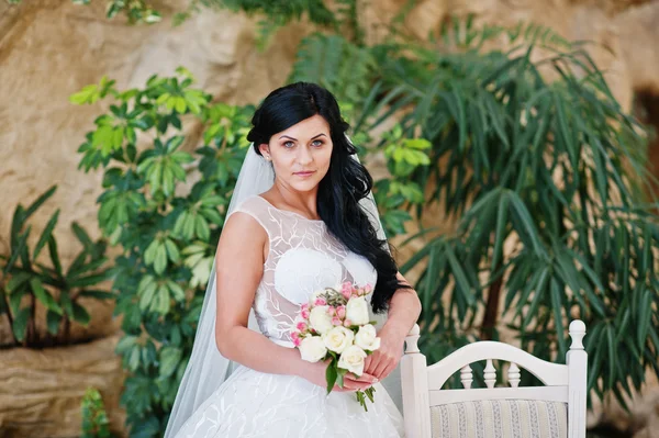 Temptation model brunette bride at exciting wedding dress posed — Stock Photo, Image