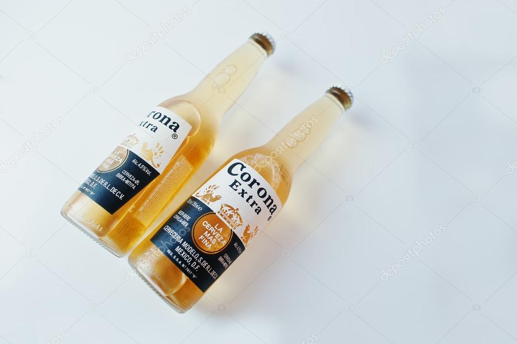 Hai, Ukraine - June 29, 2016: Two bottles of Corona Extra, top  beers worldwide produced by Cerveceria Modelo in Mexico