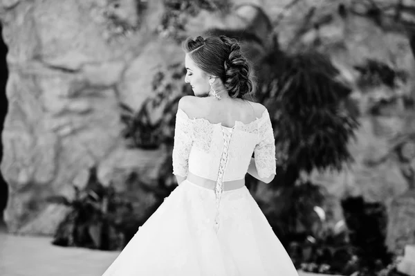 Portrait of back of beautiful bride at wedding hall — Stock Photo, Image