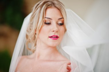 Güzel poz yüz muhteşem sarışın gelin portresi yakın bir