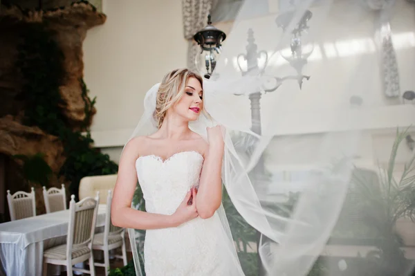 Prachtige blonde bruid met lange sluier gesteld op grote awesome wedd — Stockfoto