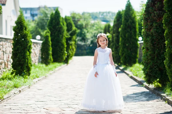 Beyaz elbise ve çelenk ilk sevimli küçük kız portresi — Stok fotoğraf