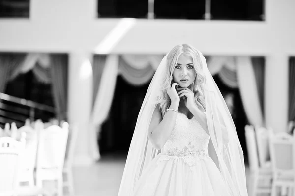 Close up portrait of elegant blonde blue eyes fashion bride at g — Stock Photo, Image