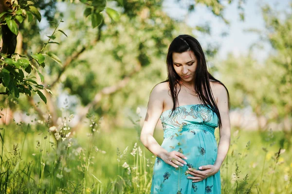 Donna incinta sul vestito turchese al giardino verde con erba alta — Foto Stock