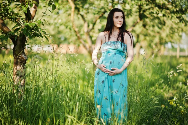 Pregnant woman on turqoise dress at green garden with high grass — Stock Photo, Image