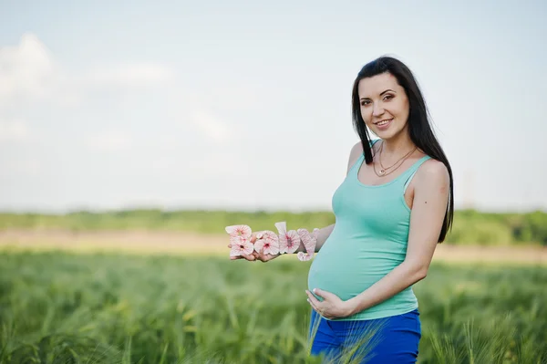 Beautiful brunette pregnant woman at wreath field — Stock Photo, Image