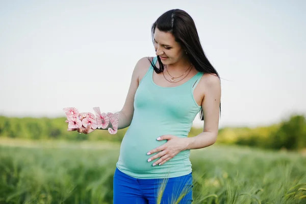 Belle brune enceinte femme au champ de couronnes — Photo