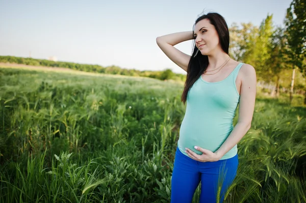Beautiful brunette pregnant woman at wreath field — Stock Photo, Image