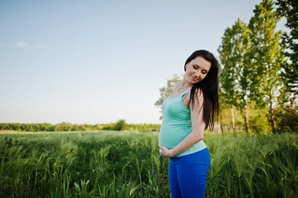 Beautiful brunette pregnant woman at wreath field — Stock Photo, Image