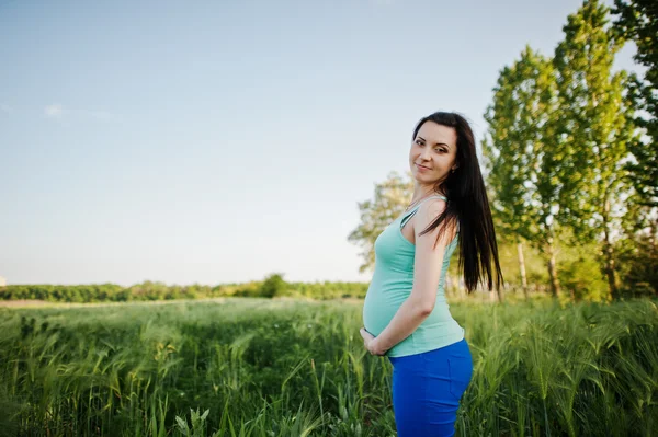 Schöne brünette schwangere Frau auf Kranzfeld — Stockfoto