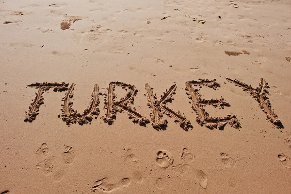 "Turcja "napisane w piasku na plaży — Zdjęcie stockowe