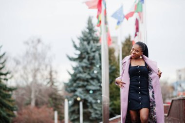 Dünya 'nın farklı ülkelerinin bayraklarına karşı şık giyinmiş, güzel, Afro-Amerikan bir kadın..