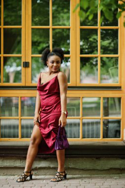 Afro saçlı, güzel, doğal bir Afrikalı kadının portresi. Kırmızı ipek elbiseli siyah model..