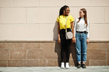 Beyaz beyaz beyaz kız ve siyah Afro-Amerikalı birlikte. Dünya birliği, ırk sevgisi, hoşgörü anlayışı ve ırk çeşitliliği işbirliği.