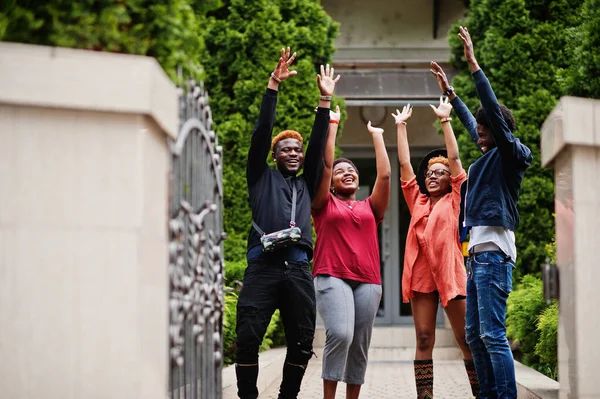 Four African Friends Having Fun Outdoors Two Black Girls Guys — Stock Photo, Image