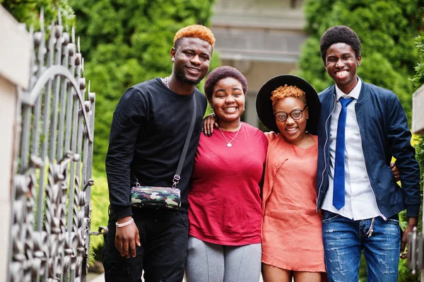 Four African Friends Having Fun Outdoors Two Black Girls Guys — Stock Photo, Image