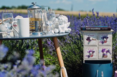 Mor lavanta alanındaki dekorasyonları ayarla.