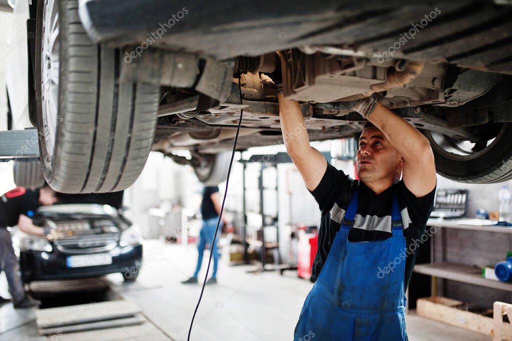 Car repair and maintenance theme. Mechanic in uniform working in auto service. 