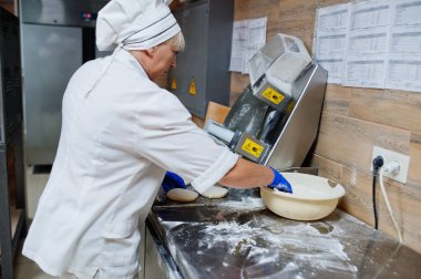 Kadın şef restoran mutfağında pizza hazırlıyor..