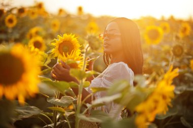 Güzel siyah kadın ayçiçeği tarlasında yaz elbisesi giymiş..