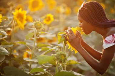 Güzel siyah kadın ayçiçeği tarlasında yaz elbisesi giymiş..