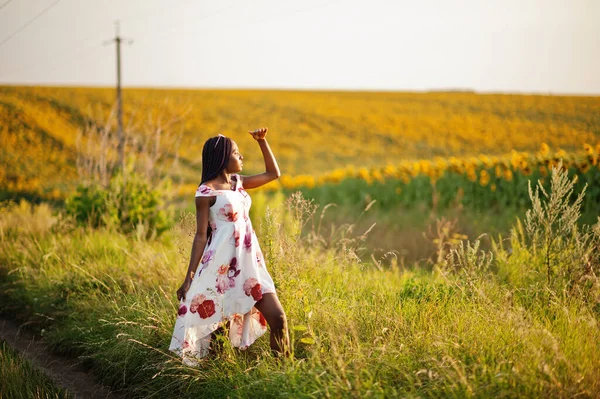 Jolie Jeune Femme Noire Porter Robe Été Pose Dans Champ — Photo