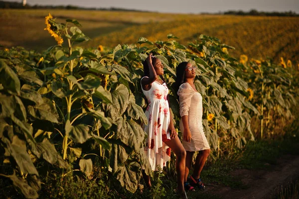Dois Jovens Amigos Negros Bonita Mulher Usar Vestido Verão Pose — Fotografia de Stock
