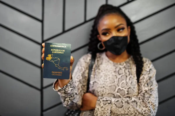 African American Woman Wearing Black Face Mask Show Guatemala Passport — Stock Photo, Image