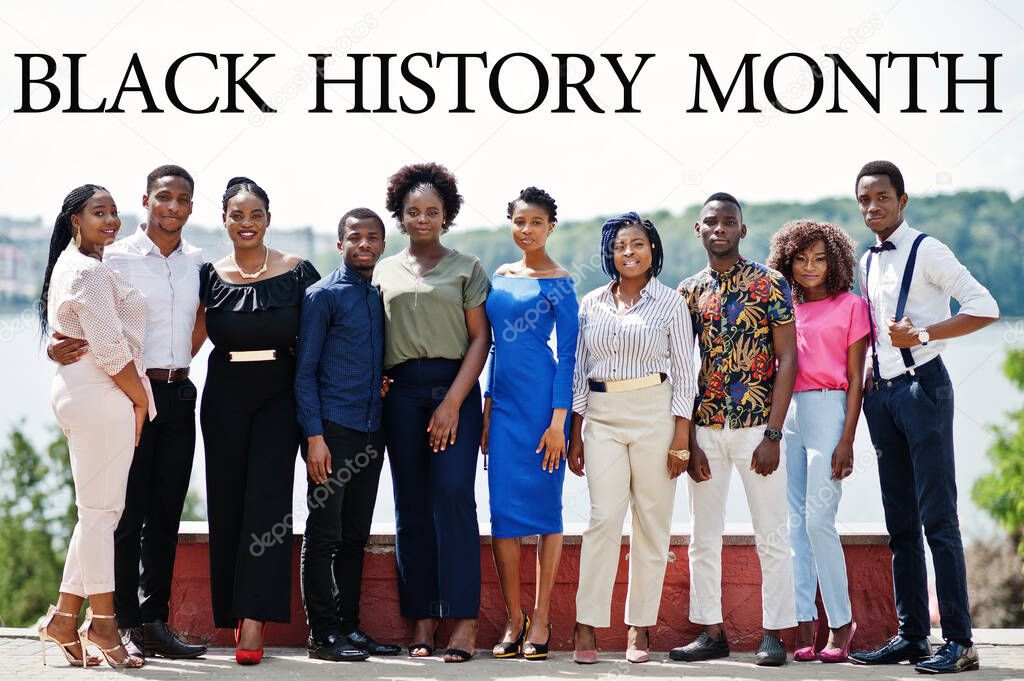 Black History Month. Group of ten african american people. Celebrated annual February (USA and Canada), October (Great Britain). 