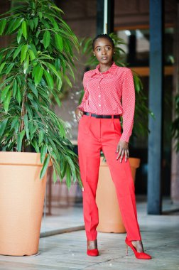 Pretty braids business african american lady bright bossy person friendly wear office red shirt and trousers. 