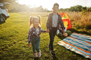 Çocuklar birlikte vakit geçiriyorlar. Açık hava piknik battaniyesi. Kardeş sevgisi..