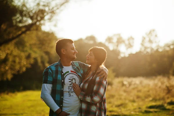 Family Spending Time Together Wife Husband Checkered Shirts Sunset — Stock Photo, Image