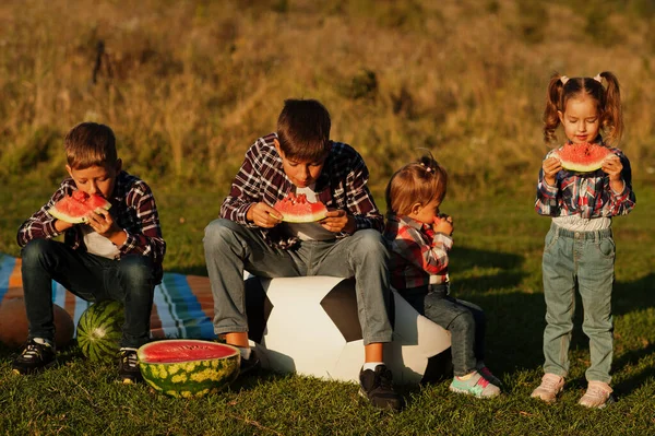 시간을 보내는 아이들 옥외에서 수박을 먹는다 — 스톡 사진