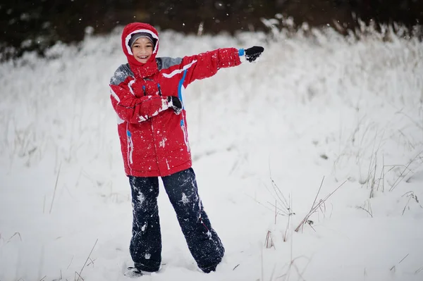 Happy Boy Wear Red Jacket Winter Day Walking Park Cold — Stock Photo, Image