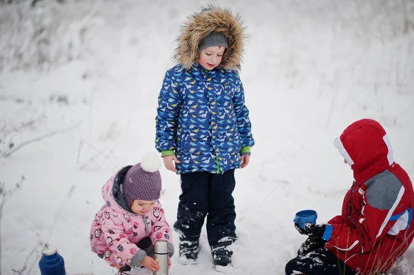 Çocuklar Kış Günü Sıcak Çay Içerler — Stok fotoğraf