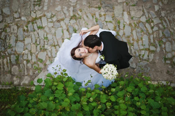 Jonge mooie bruiloft echtpaar uit hoge — Stockfoto