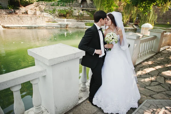 Joven hermosa pareja de boda cerca del lago — Foto de Stock