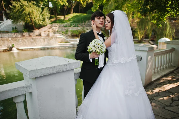 Giovane bella coppia di nozze vicino lago — Foto Stock