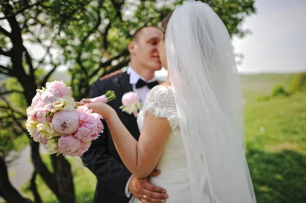 Svatební pár líbání v parku — Stock fotografie