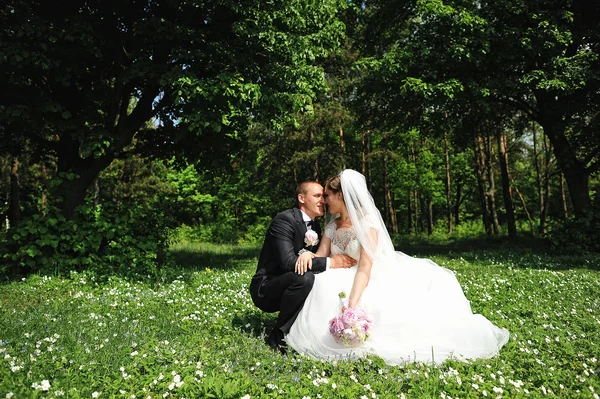 Bruidspaar zittend op het gebied van bloemen — Stockfoto