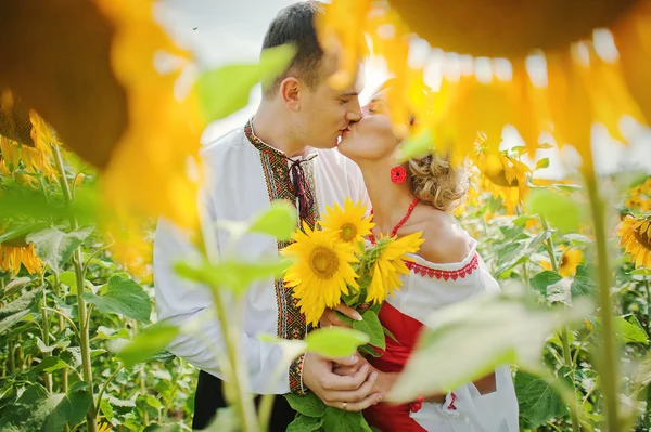 Boda hermosa pareja en vestido tradicional en el girasol — Foto de Stock