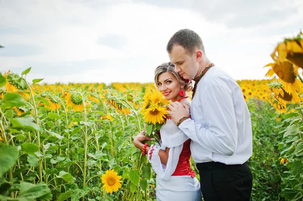 Wedding beautiful couple in traditional dress at the sunflower — Stock Photo, Image