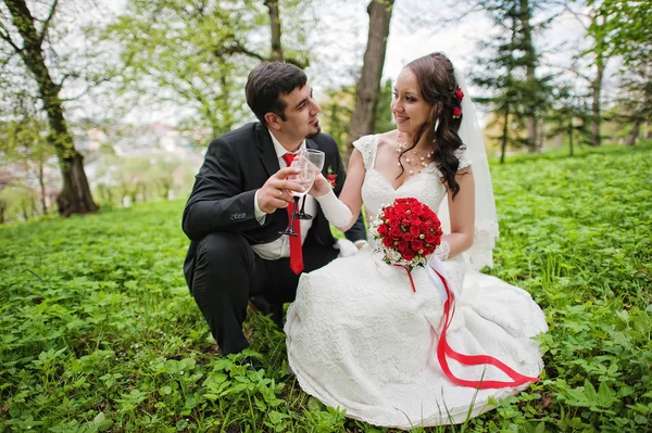 Wedding couple sit in green grass — Stock Photo, Image