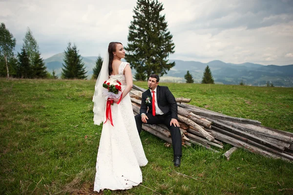 Wedding couple in the Carpathian Mountains. Groom sits on the bo — Stock Photo, Image