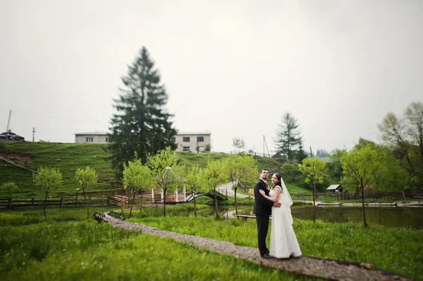 Wedding couple near trail — Stock Photo, Image