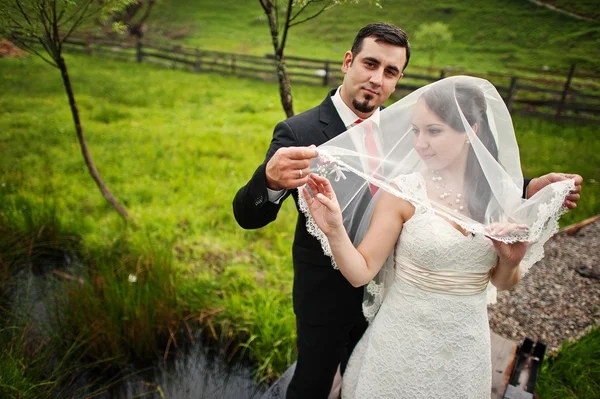 Wedding couple at the small bridge — Stock Photo, Image