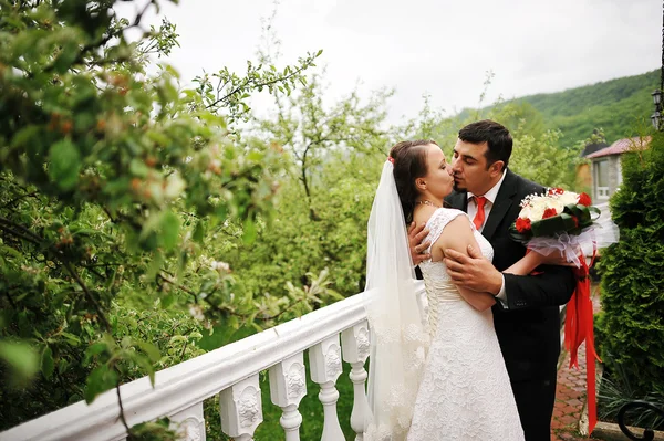 Wedding couple near  white stone railings — Stock Photo, Image