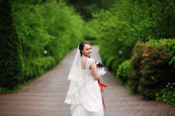 Bride walking at the green alley — Stock Photo, Image